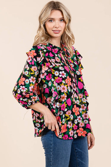 Plus Floral Print Ruffle Trim Blouse